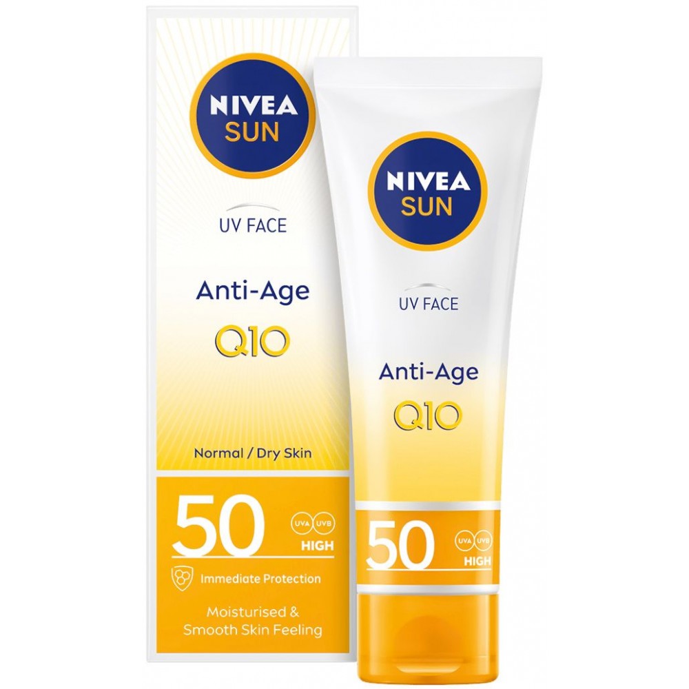 НИВЕА SUN Q10 ANTI-AGE SPF50 слънцезащитен крем за лице против бръчки ...